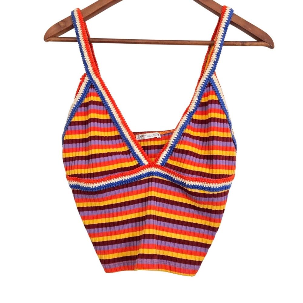 Zara Retro 70s Boho Chic Festival Crochet Rainbow Striped VNeck Cami Tank Large